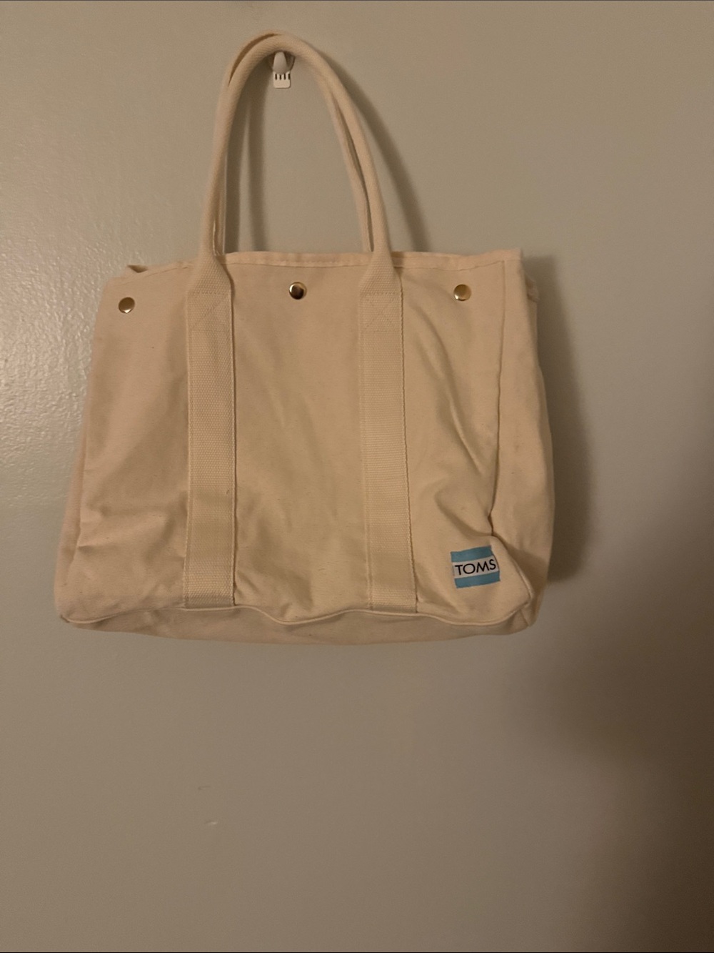 TOMS Cream Canvas Tote with Blue Logo
